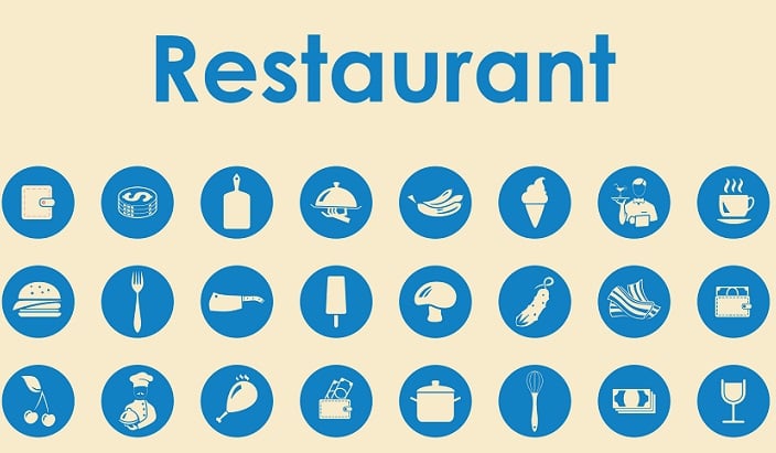 Clipart of the word restaurant with blue icons relating to restaurant trends