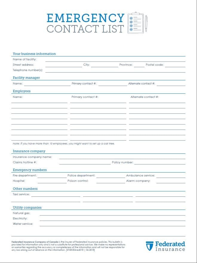 Federated Insurance emergency contact list template 