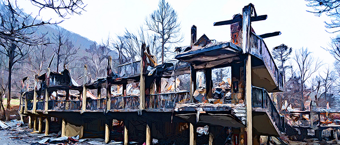 Motel en cendres après un feu de forêt