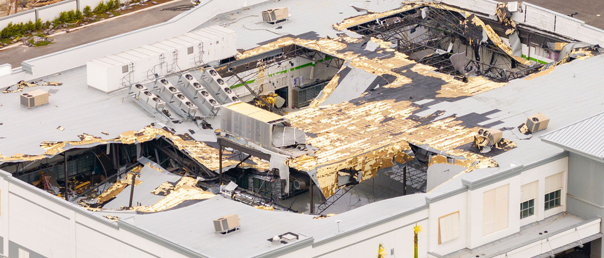 Commercial building with broken roof